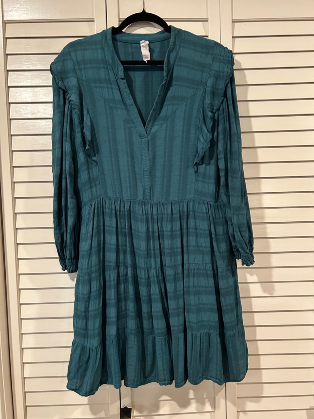 Amadi Teal Long-Sleeve V-Neck Tiered Women's Dress Size Petite Medium